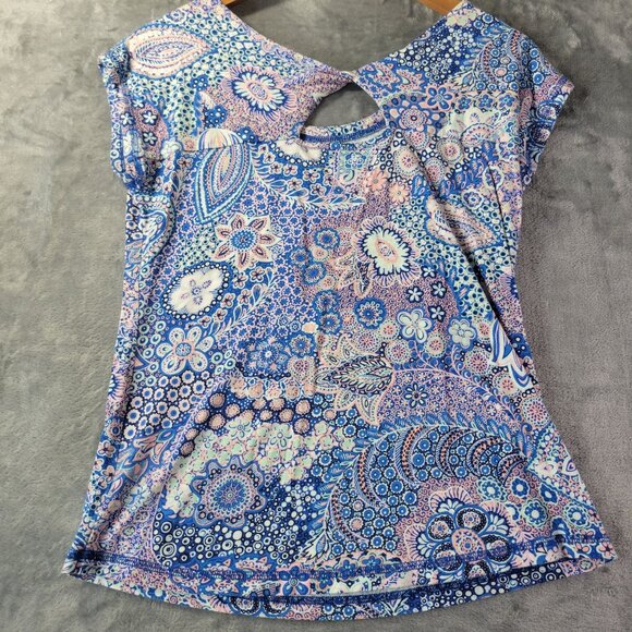 Talbots Womens Paisley Print Top Sp Blue Pink White Boho Tee Active Twisted Back - Picture 8 of 10
